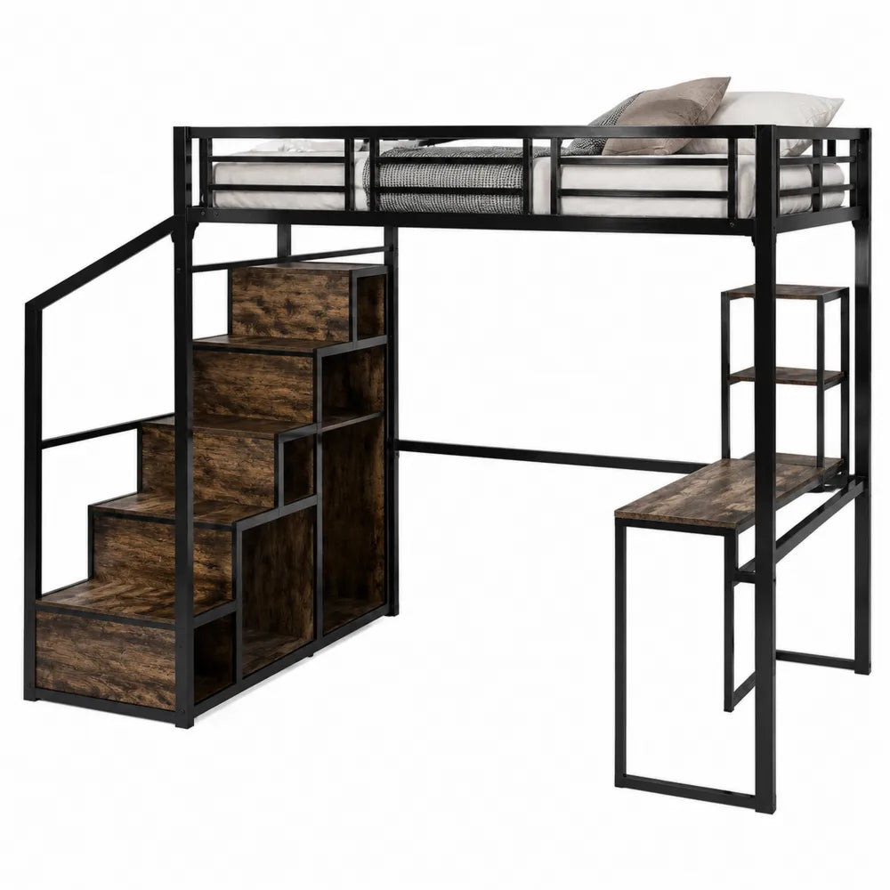 Letto a soppalco singolo 90 x 200 cm in acciaio nero e truciolare marrone con scrivania scala contenitore e scaffali