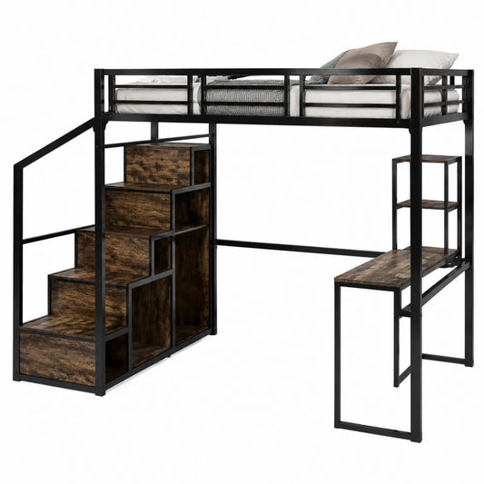 Letto a soppalco singolo 90 x 200 cm in acciaio nero e truciolare marrone con scrivania scala contenitore e scaffali