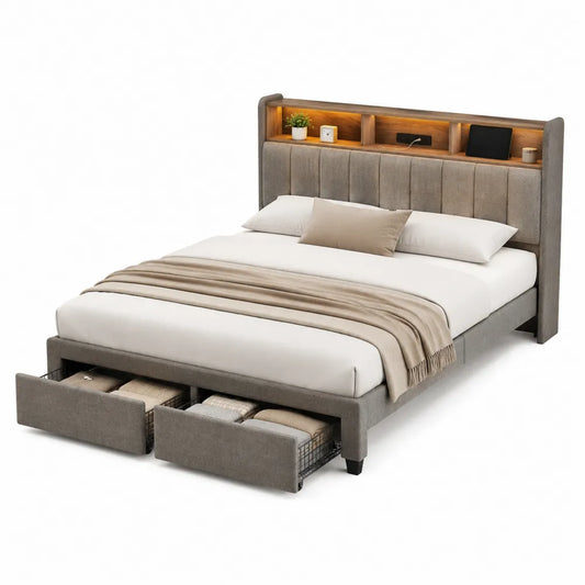 Letto matrimoniale contenitore in MDF con libreria e illuminazione LED 160 x 200 cm rivestimento grigio e effetto rovere
