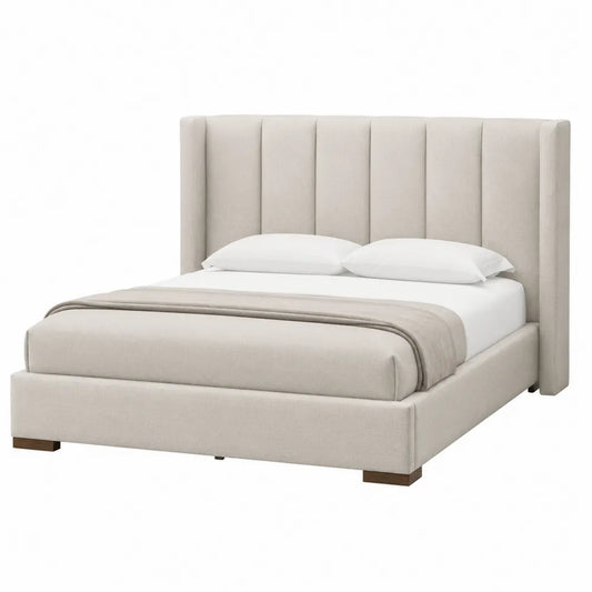 Letto matrimoniale imbottito rettangolare 160 x 200 cm in tessuto poliestere beige con testiera alta a pannelli verticali