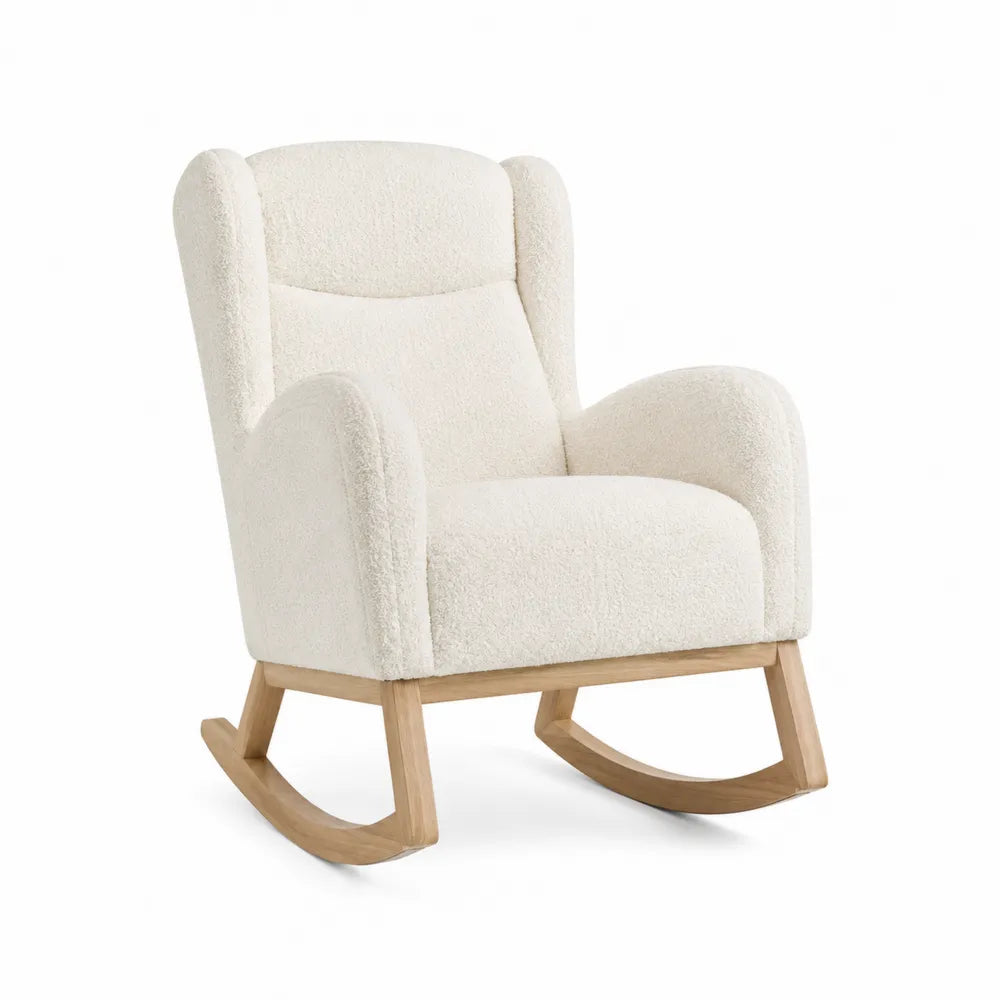 Poltrona a dondolo in tessuto bouclé colore beige con struttura in legno massello base curva in legno 70x80x85 cm