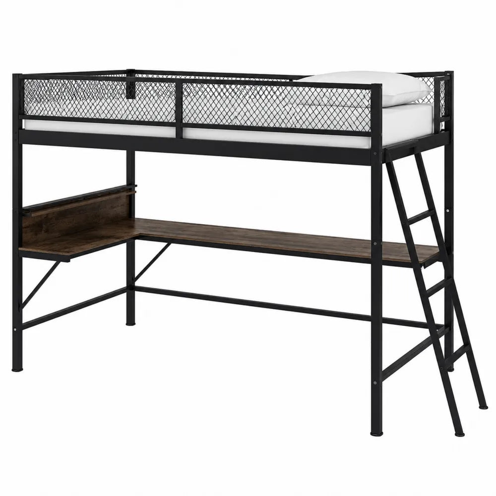 Letto a soppalco in acciaio nero con scrivania integrata 90 x 200 cm con pannelli effetto legno e scala laterale